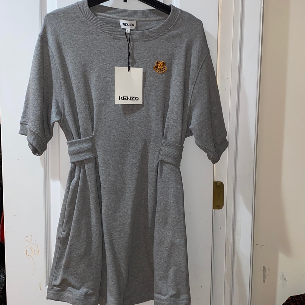 Kenzo grey mini sweater dress. Belted by the hips.